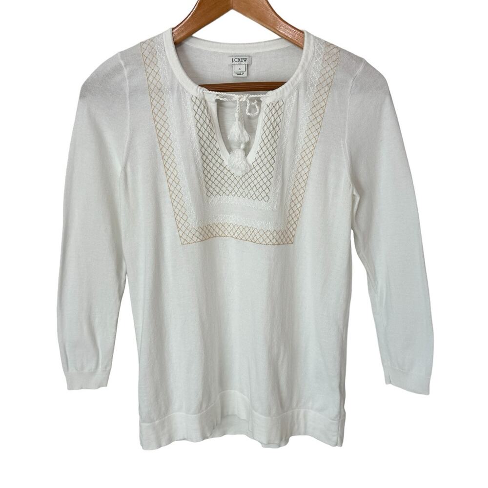 J. CREW Factory Ivory Embroidered Eyelet Boho 3/4 Sleeve Sweater Womens Medium - Picture 2 of 9
